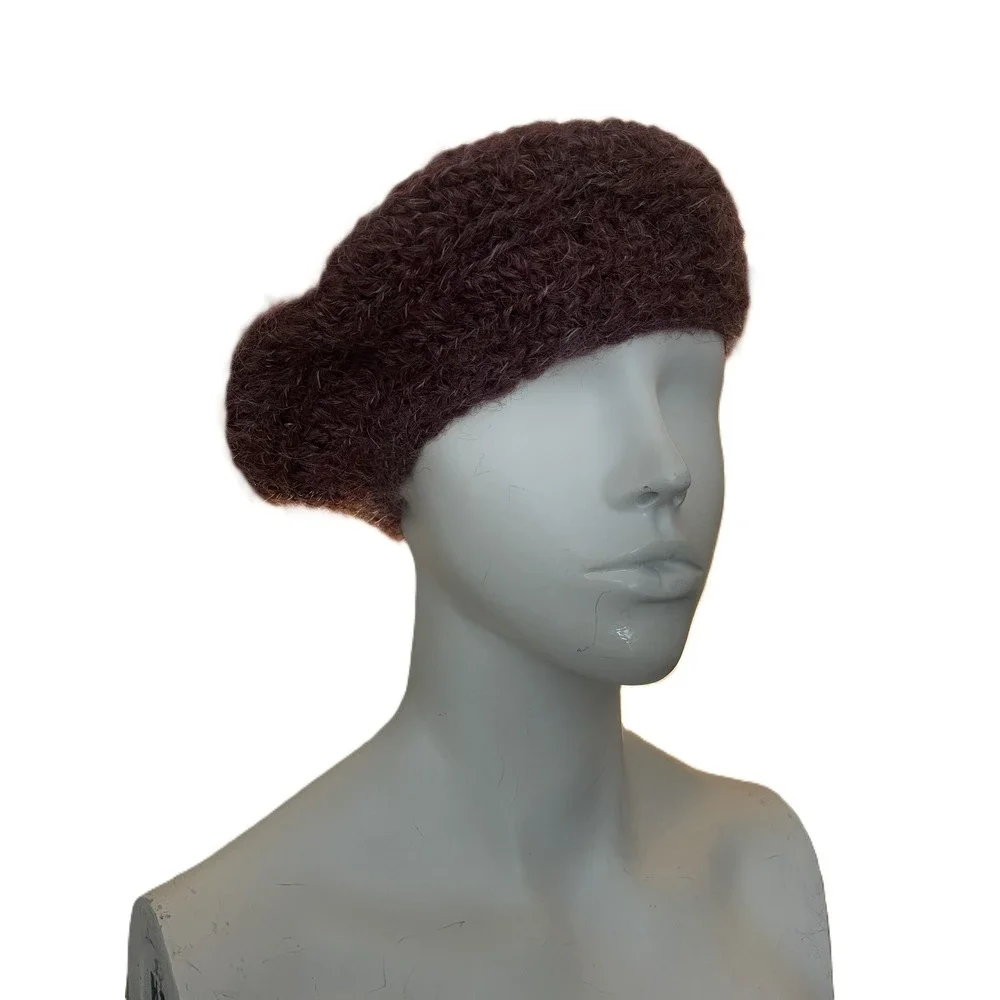 Helena Ruuth Handmade in Ireland Mohair Wool Blend Beret Hat Plum Burgundy Fuzzy